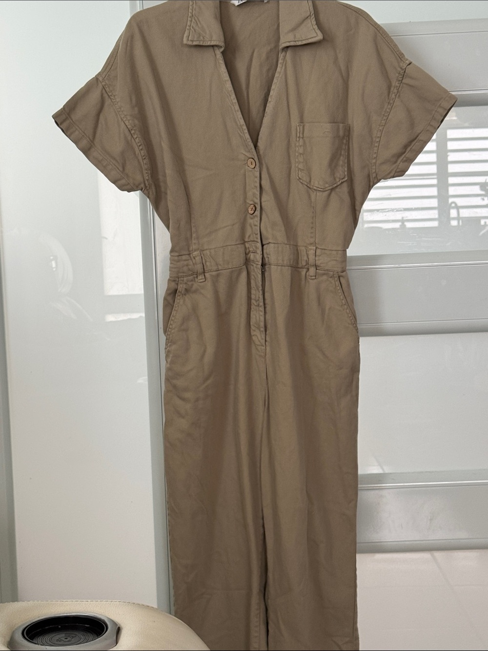 Zara Olive-Taupe Short-Sleeve Utility Jumpsuit